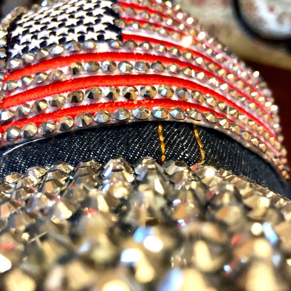 PATRIOTIC DENIM BASEBALL HAT CAP AMERICAN FLAG WITH RHINESTONES DIAMOND ACCENT - Picture 13 of 14